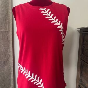 Red Sleeveless Tank Top with White Leaf Design